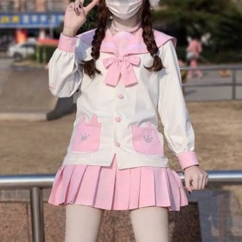 Japanese Kawaii School Girl JK Uniform Sets Sweet Sailor Collar Cartoon Embroidery Bow Tops Pleated Mini Skirts Women Full Set 1