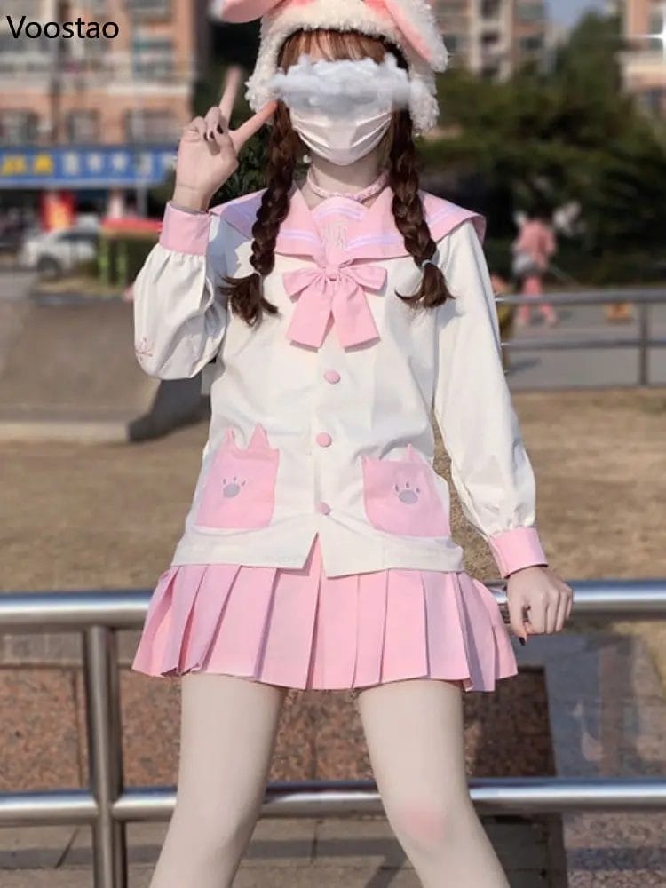 Japanese Kawaii School Girl JK Uniform Sets Sweet Sailor Collar Cartoon Embroidery Bow Tops Pleated Mini Skirts Women Full Set 1