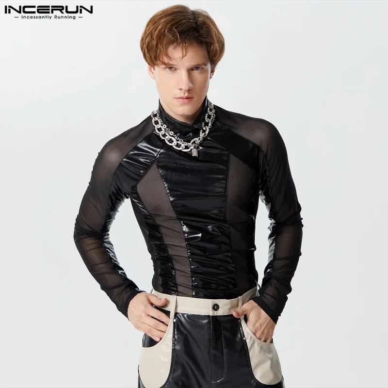 2024 Men's Bodysuits Mesh Patchwork Turtleneck Long Sleeve Streetwear Male Rompers Transparent Fitness Fashion Bodysuit INCERUN 1