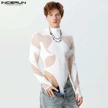 2024 Men's Bodysuits Mesh Patchwork See Through Turtleneck Long Sleeve Rompers Fitness Sexy Fashion Male Bodysuit S-3XL INCERUN 4