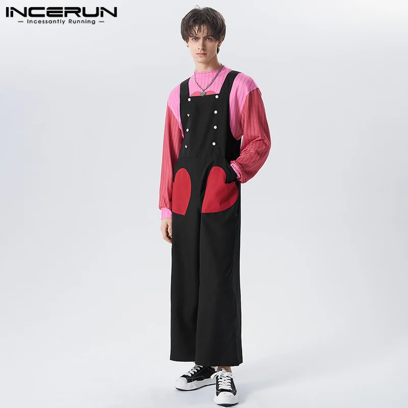 INCERUN Men Jumpsuits Patchwork Sleeveless Fashion Casual Loose Straps Rompers Streetwear 2023 Men Wide Leg Pants Overalls S-5XL 1