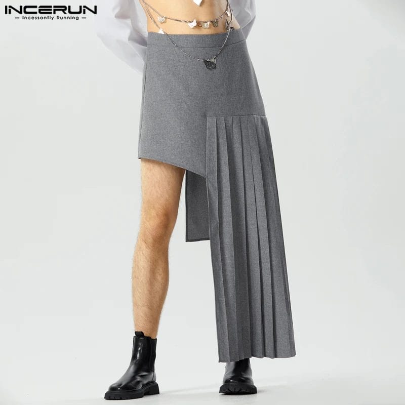 INCERUN Men Irregular Skirts Solid Pleated Zipper 2023 Casual Men Bottoms Streetwear Personality Fashion Unisex Skirts Trousers 1