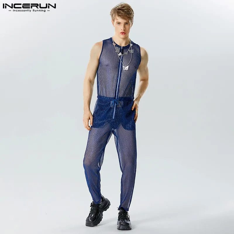 2023 Men Jumpsuits Mesh Patchwork Transparent O-neck Sleeveless Fashion Male Rompers Sexy Streetwear Overalls S-5XL INCERUN 1