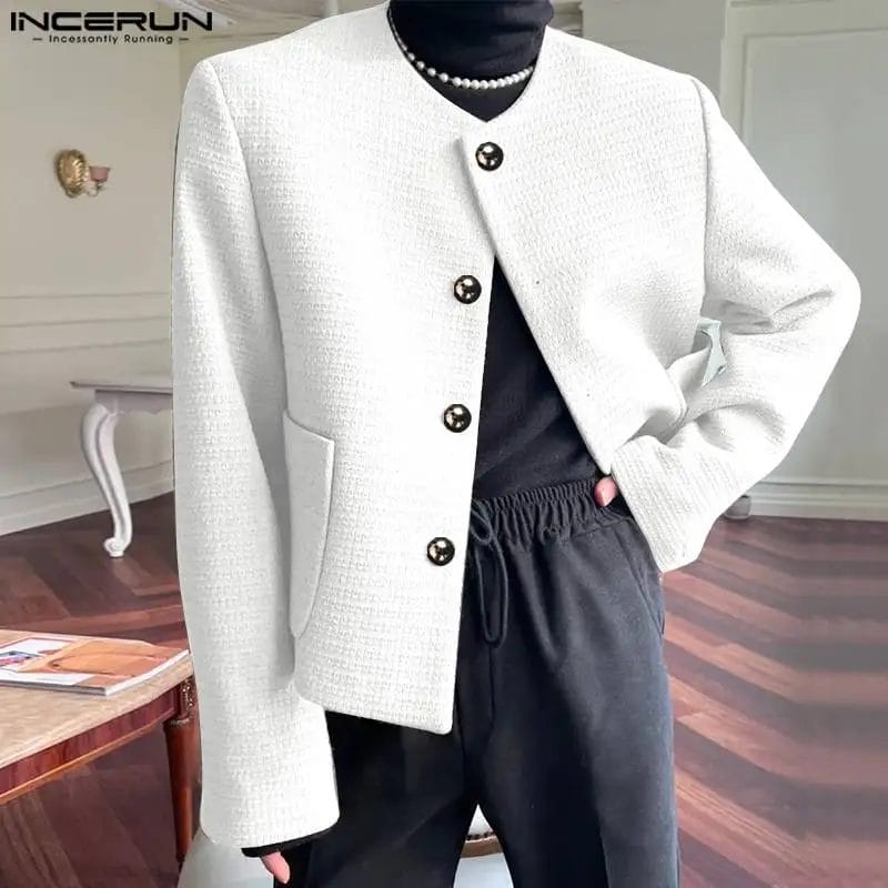 INCERUN 2023 Men Blazer Solid O-neck Long Sleeve Button Fashion Casual Suits Men Pockets Elegant Streetwear Unisex Coats S-5XL 1