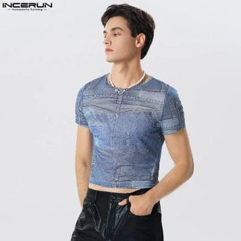 INCERUN Men T Shirt Printed Transparent O-neck Short Sleeve Sexy Tee Tops Streetwear 2024 Fitness Summer Fashion Crop Tops S-5XL 2