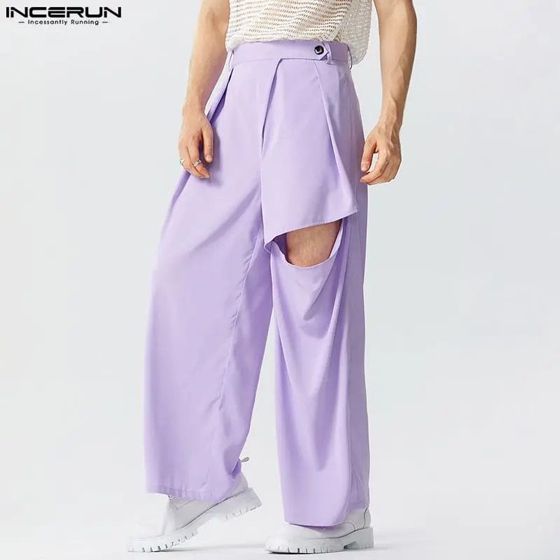 2023 Men Pants Solid Color Joggers Button Hollow Out Streetwear Trousers Men Loose Pleated Casual Wide Leg Pants S-5XL INCERUN 1