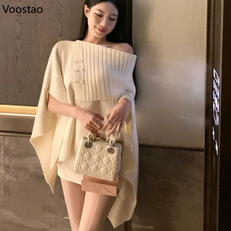 Autumn Winter Elegant Cloak Sweater Women Casual Loose Knitted Pullovers Korean Fashion Female Chic Irregular Knitwear Jumpers 1