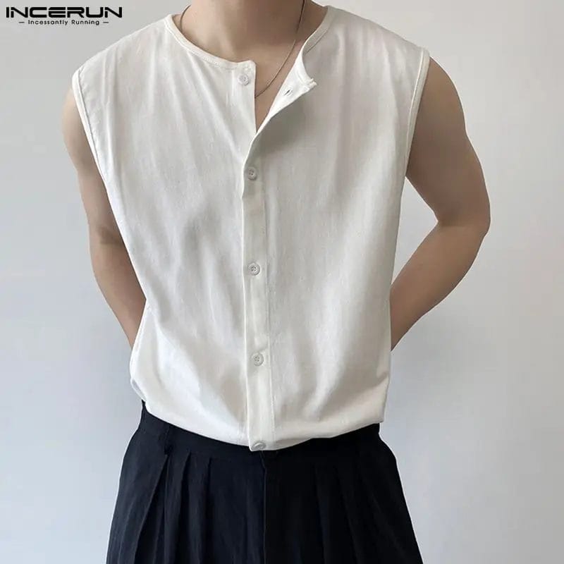 2023 Summer Men Tank Tops Solid Color O-neck Sleeveless Button Up Korean Thin Vests Streetwear Casual Men Clothing S-5XL INCERUN 1