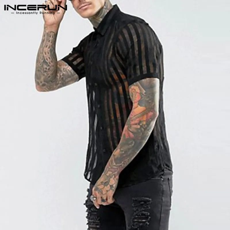 INCERUN Fashion Striped Sexy Shirt Men Transparent Short Sleeve Button Tops See Through Party Nightclub Men Shirts 2023 S-5XL 1