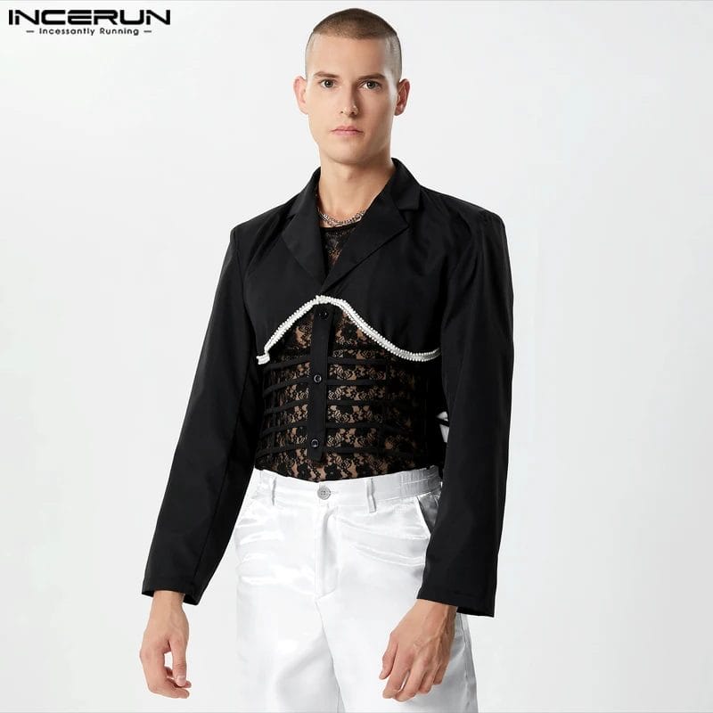 2023 Men Blazer Patchwork Hollow Out Lapel Long Sleeve Button Casual Suits Streetwear Fashion Unisex Crop Coats S-5XL INCERUN 1