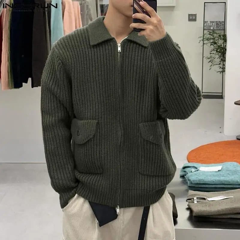 2023 Men's Sweaters Solid Color Knitted Lapel Long Sleeve Male Cardigan Streetwear Zipper Korean Casual Sweater S-5XL INCERUN 1