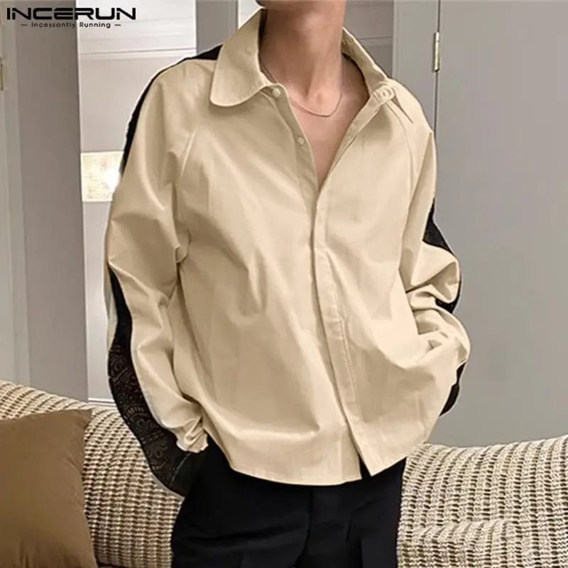 2024 Men's Shirt Lace Patchwork Lapel Long Sleeve Streetwear Loose Men Clothing Korean Style Fashion Casual Shirts S-5XL INCERUN 1