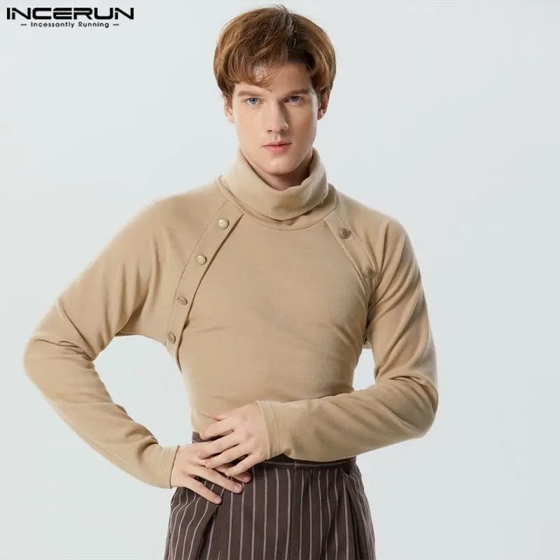 Men T Shirt Solid Knitted Turtleneck Long Sleeve Button Camisetas Streetwear Fitness 2023 Fashion Casual Men Clothing INCERUN 1