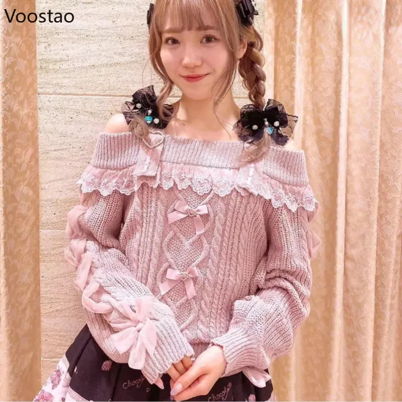 Vintage Sweet Lolita Style Knitted Pullover Autumn Girls Cute Off Shoulder Lace Ruffles Bow Sweater Women Harajuku Knitwear Tops 1