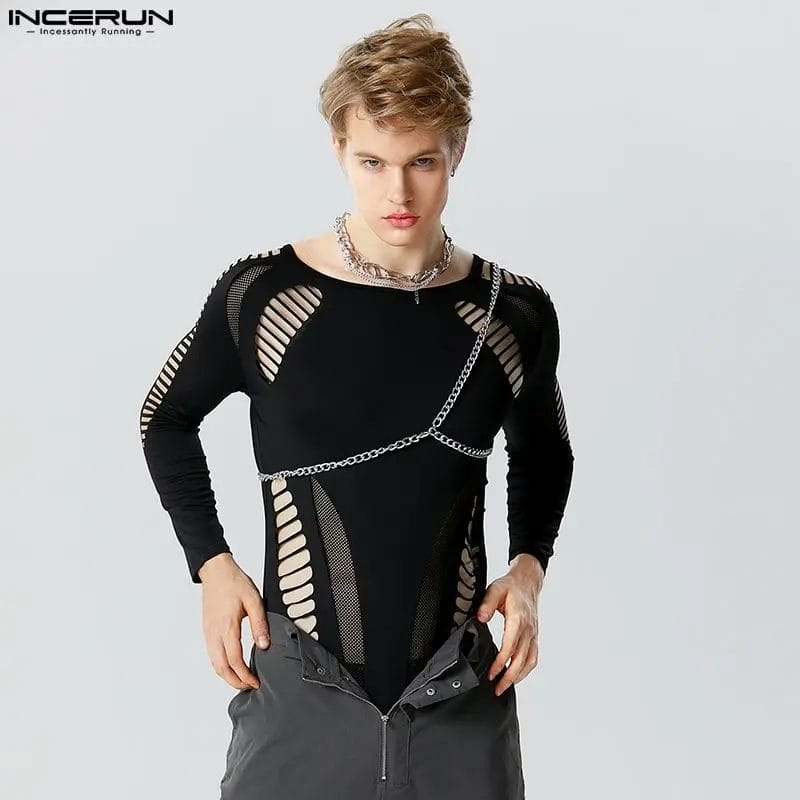 INCERUN Men Bodysuits Mesh Patchwork See Through Hollow Out O-neck Long Sleeve Male Rompers Sexy Zipper Solid Fashion Bodysuit 1