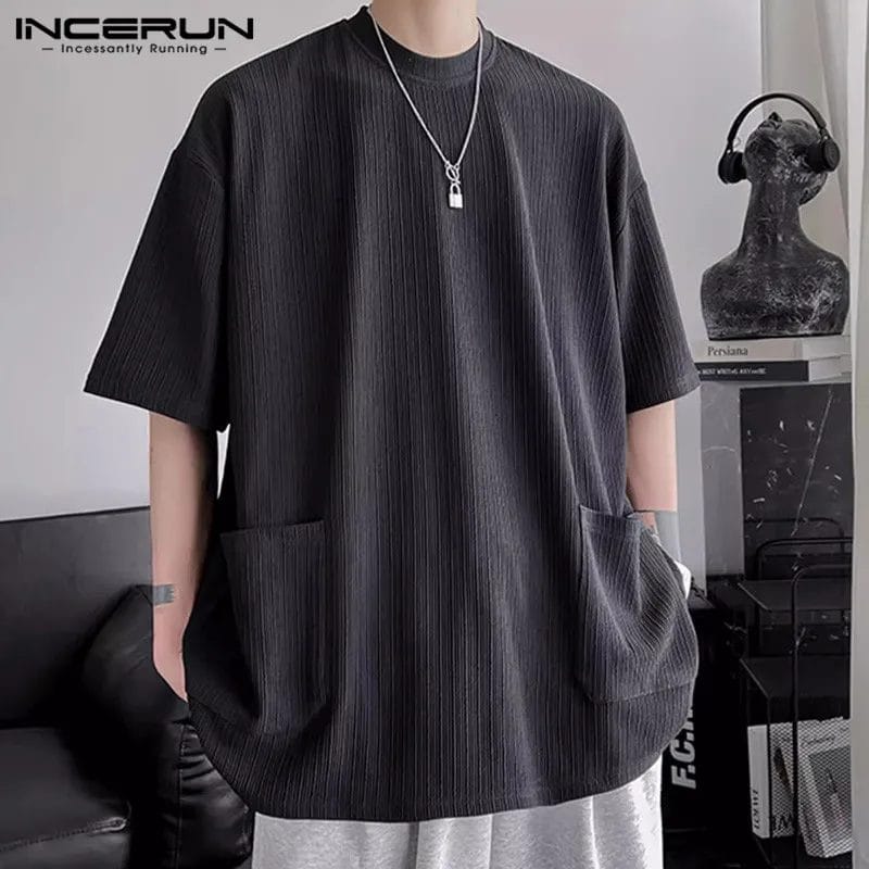 Men's T Shirt Solid O-neck Short Sleeve Pockets Loose Summer Men Clothing Korean Streetwear 2024 Casual Tee Tops S-5XL INCERUN 1