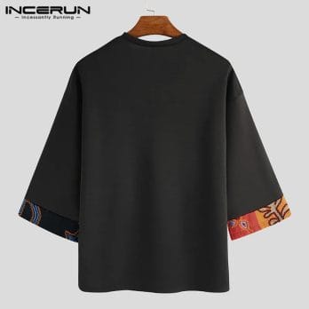INCERUN Men Casual T Shirt Loose Printed Patchwork Round Neck Half Sleeve Vintage Tees 2023 Streetwear Mens T-shirts Plus Size 5