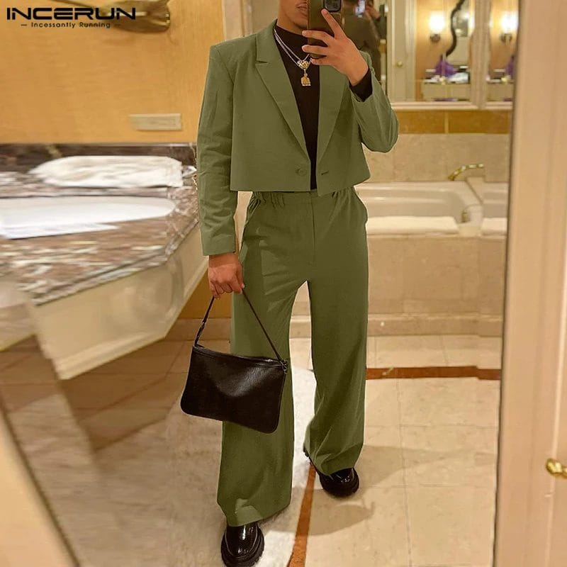 2024 Fashion Men Sets Solid Color Loose Lapel Long Sleeve One Button Blazer & Pants 2PCS Streetwear Men's Suits S-3XL INCERUN 1