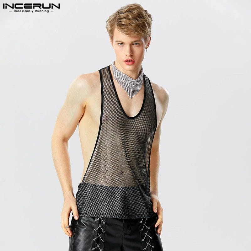 2023 Men Tank Tops Mesh Transparent Shiny Streetwear O-neck Sleeveless Sexy Vests Hollow Out Fashion Men Clothing INCERUN S-5XL 1
