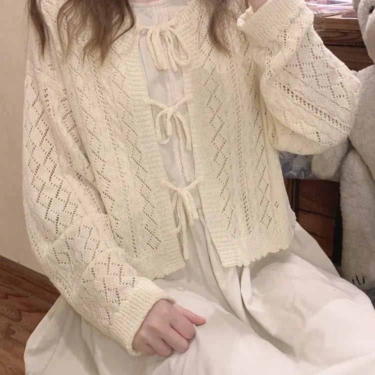 Spring Autumn Sweet Lolita Knitted Cardigan Women Retro Chic Hollowed Out Lace Up Sweater Coat Girls Harajuku Thin Knitwear Tops 1