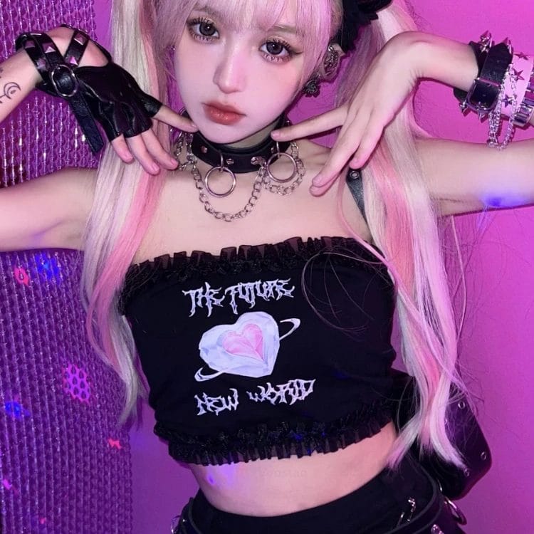 Summer Japanese Gothic Y2k Strapless Tank Tops Women Harajuku Sexy Heart Lace Patchwork Sleeveless Camis Girly Punk Crop Tops 1