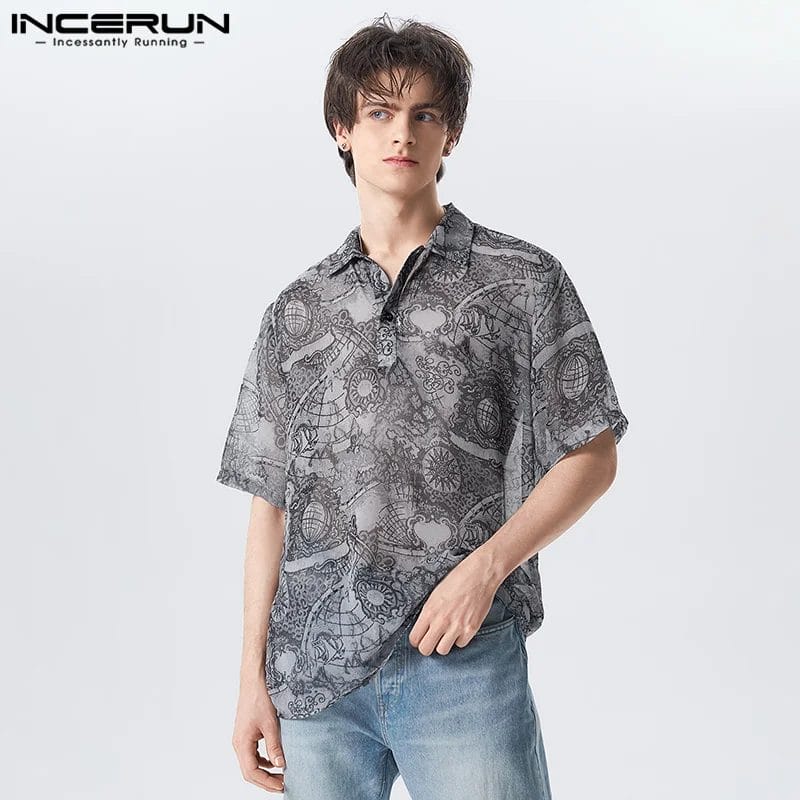 2023 Men Shirt Printing Chiffon Transparent Lapel Short Sleeve Summer Cozy Men Clothing Streetwear Loose Camisas S-5XL INCERUN 1