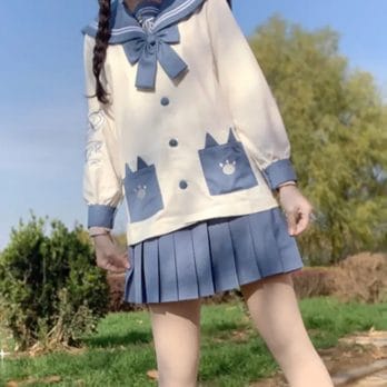 Japanese Kawaii School Girl JK Uniform Sets Sweet Sailor Collar Cartoon Embroidery Bow Tops Pleated Mini Skirts Women Full Set 6