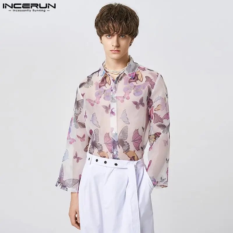 INCERUN Fashion Men Shirt Printing Mesh Transparent Lapel Long Sleeve Sexy Male Shirts 2023 Loose Streetwear Party Camisas S-5XL 1