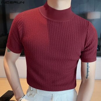 2023 Men T Shirt Solid Color Turtleneck Short Sleeve Men Clothing Fitness Streetwear Korean Style Casual Tee Tops S-5XL INCERUN 2