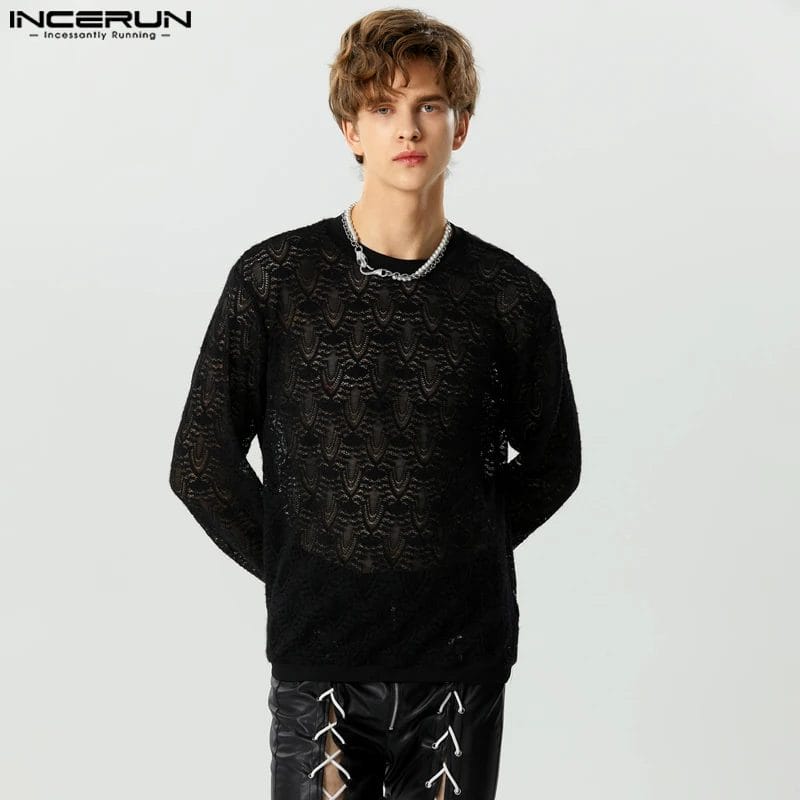 Men T Shirt Solid Lace Transparent O-neck Long Sleeve Fashion Camisetas Streetwear Sexy 2023 Casual Men Clothing S-5XL INCERUN 1