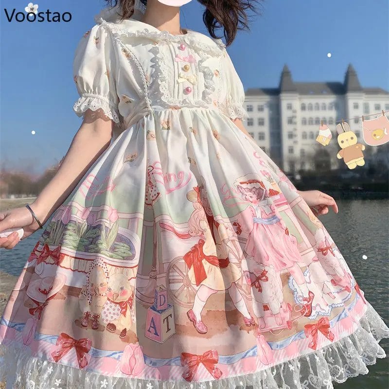 Japanese Kawaii Lolita Dress Women Sweet Cartoon Secret Garden Print Tea Party Dresses Girls Cute Peter Pan Collar Lace Vestidos 1