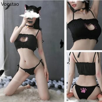 Anime Girl Cute Cat Paw Bell Underwear Temperament Sexy Lingerie Uniform Women Cosplay Cats Hollow Bra Pajamas Outfit Costumes 6