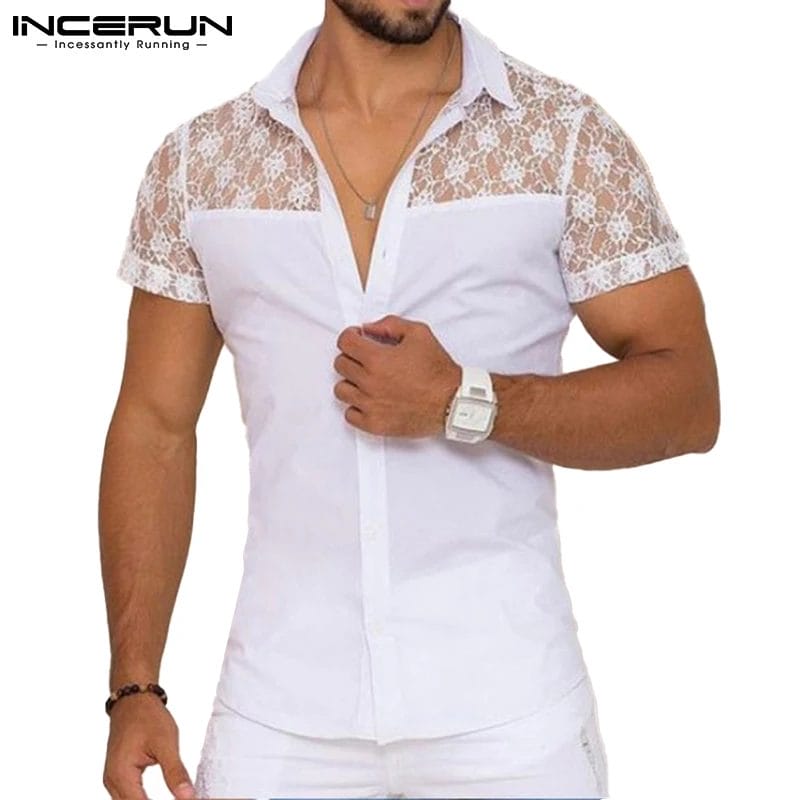 INCERUN Men Shirt Lace Mesh Patchwork Lapel Short Sleeve Streetwear See Through Sexy Camisas Summer 2024 Party Men Clothing 1
