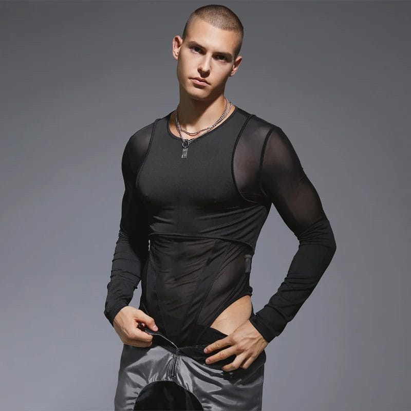 Men Bodysuits Mesh Patchwork Zipper O-neck Long Sleeve Streetwear Transparent Rompers 2023 Sexy Fashion Male Bodysuit INCERUN 1