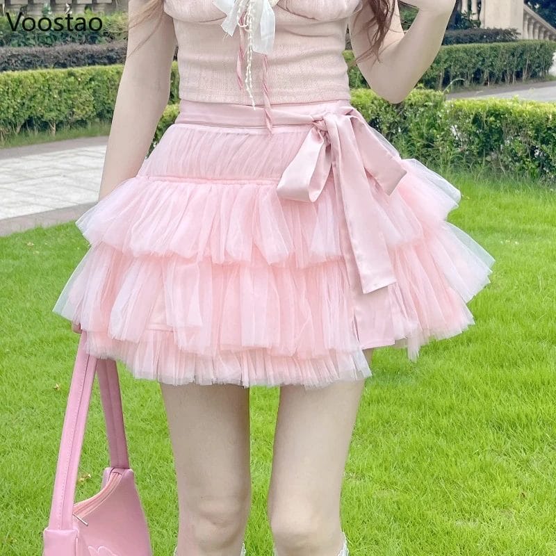 Harajuku Y2k Lolita Mini Cake Skirt Girls Sweet Cute Bow Lace-up Fluffy Fairy Skirts Kawaii Women Elegant Mesh Party Short Skirt 1
