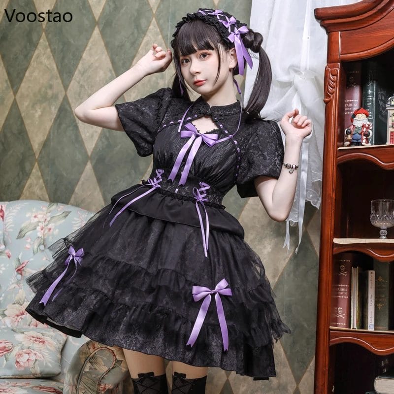 Japanese Victorian Gothic Lolita OP Dress Women Kawaii Puff Sleeve Lace Bow Princess Dresses Girly Harajuku Sweet Mini Dress 1