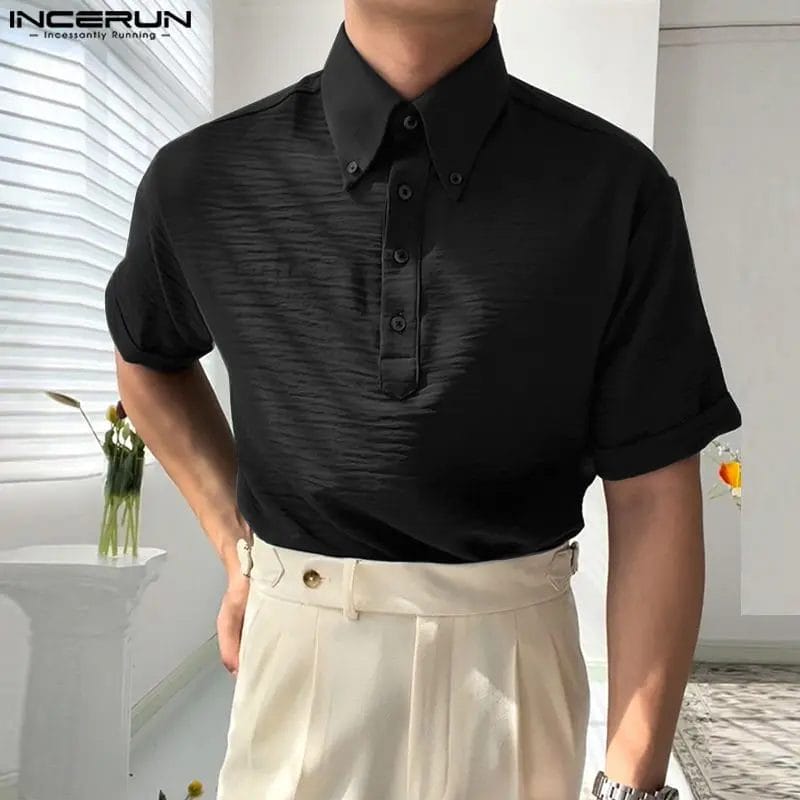 Men Shirt Solid Color Lapel Short Sleeve Streetwear Korean Style Casual Shirts Summer 2024 Fashion Men Clothing S-5XL INCERUN 1