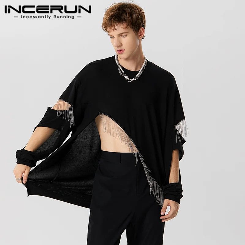 INCERUN Men Irregular T Shirt Solid O-neck Long Sleeve 2023 Tassel Patchwork  Tee Tops Men Streetwear Hollow Out Loose Camisetas 1