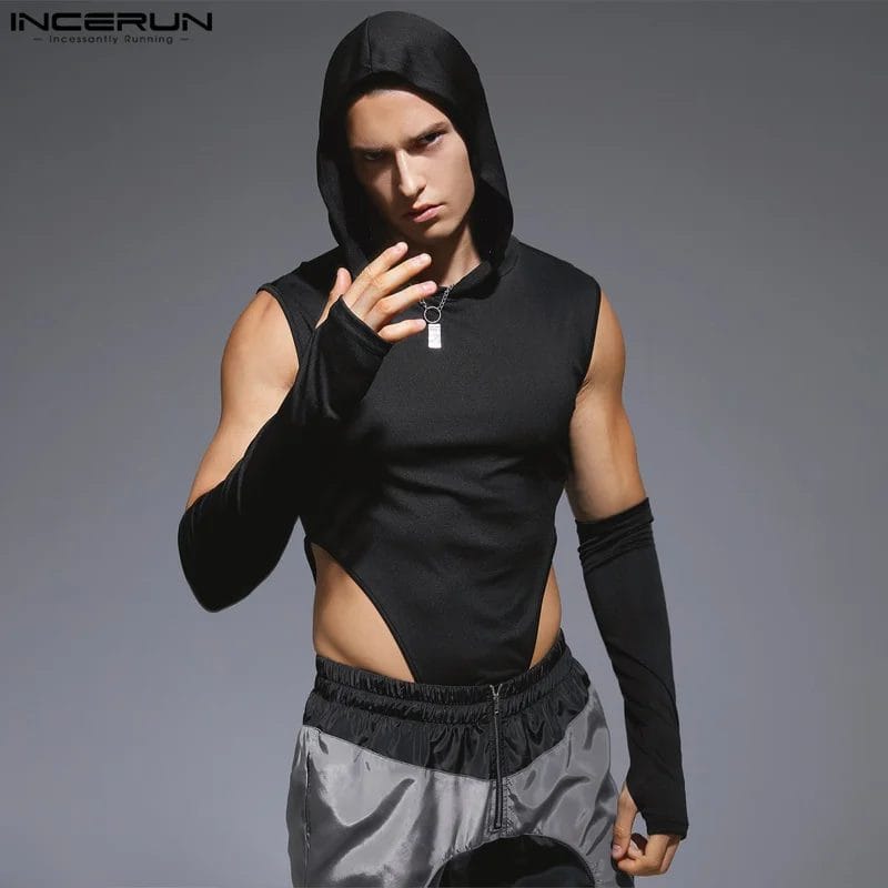 2023 Men Bodysuits Solid Color Hooded Gloves Male Rompers Streetwear Sleeveless Fitness Fashion Casual Bodysuit S-5XL INCERUN 1