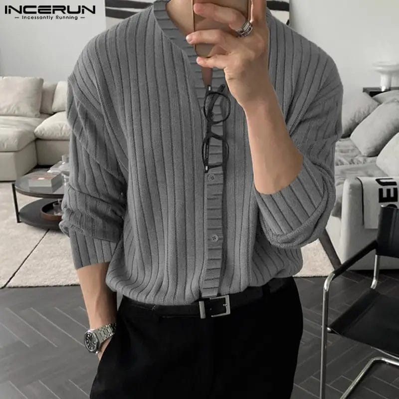 2023 Men Shirt Solid Color O-neck Long Sleeve Knitted Korean Casual Men Clothing Streetwear Fashion Leisure Shirts S-5XL INCERUN 1