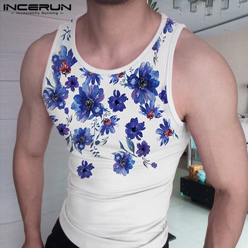 2023 Men Tank Tops Flower Printing O-neck Sleeveless Streetwear Casual Vests Summer Fitness Stylish Men Clothing S-5XL INCERUN 1
