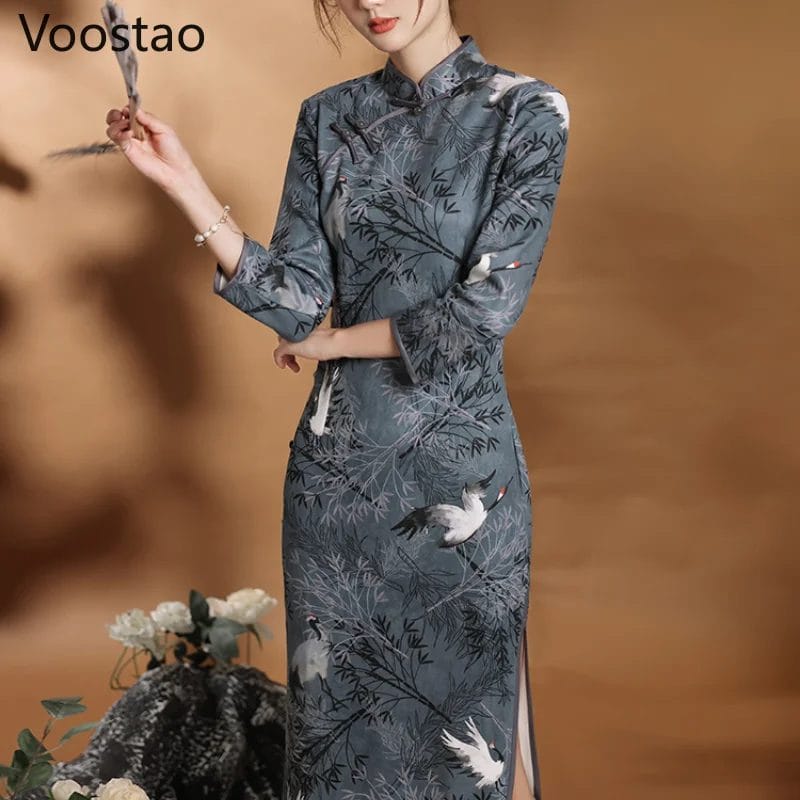 2XL Chinese Style Suede Fabric Cheongsam Dress Vintage Women Autumn Elegant Crane Print Qipao Dresses Lady Slim Qipao Vestidos 1