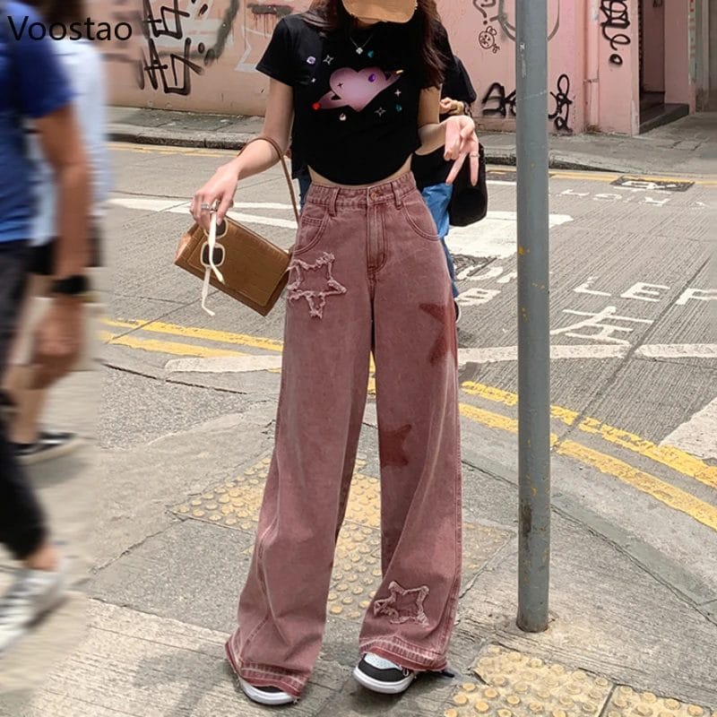 Vintage Harajuku Wide Leg Jeans Women High Street Korean Star Embroidery Fashion Baggy Denim Pants Female Grunge Y2k Trousers 1