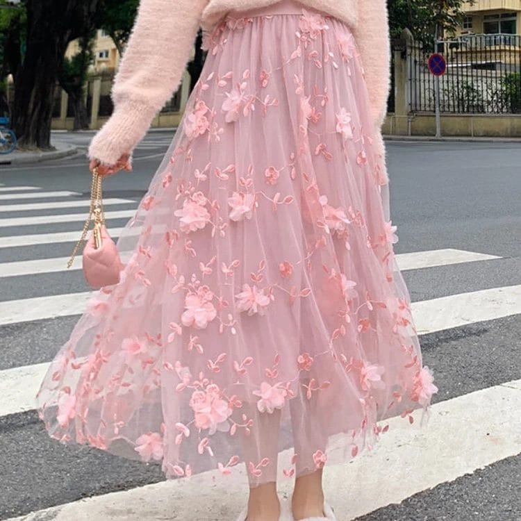 Sweet Lolita Style Princess Skirt Women Elegant Chic Embroidery Floral Tulle A-Line Fairy Long Skirts Female Casual Midi Skirt 1