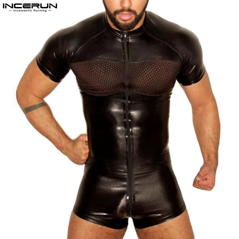 2024 Men Bodysuits Mesh Patchwork Zipper O-neck Transparent Short Sleeve Male Rompers Sexy Fashion Playsuits Men Pajamas INCERUN 1