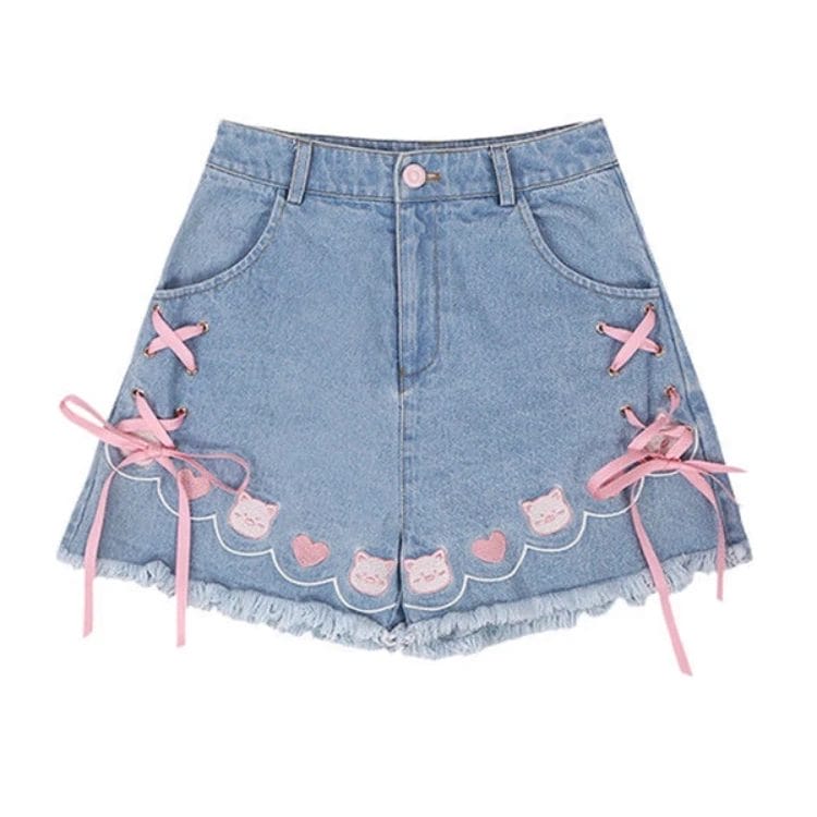 Summer Harajuku Lolita Style Denim Shorts Girly Sweet Cute Cartoon Piggy Embroidery Bow Bandage Short Pants Women Kawaii Jeans 1