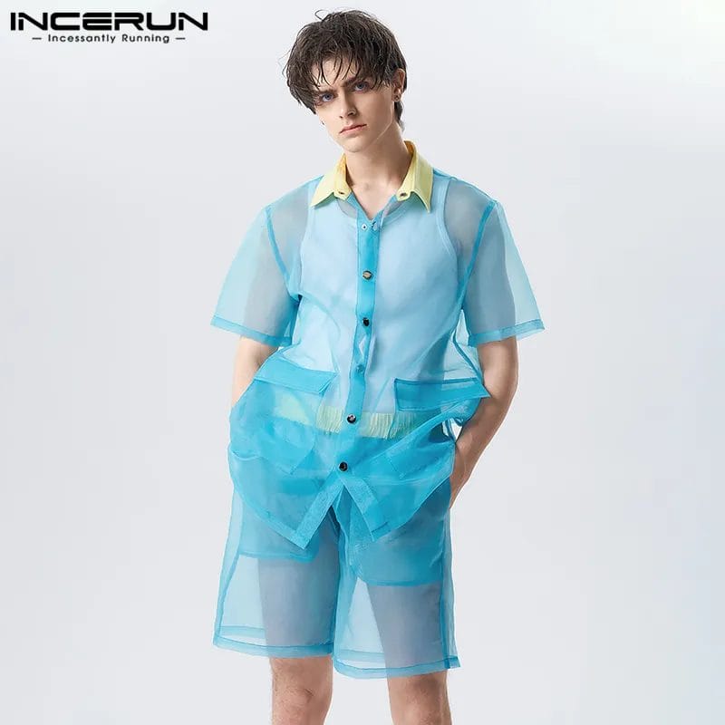 2023 Men Sets Mesh Patchwork Transparent Lapel Short Sleeve Shirt & Shorts 2PCS Streetwear Fashion Sexy Men Suits S-5XL INCERUN 1