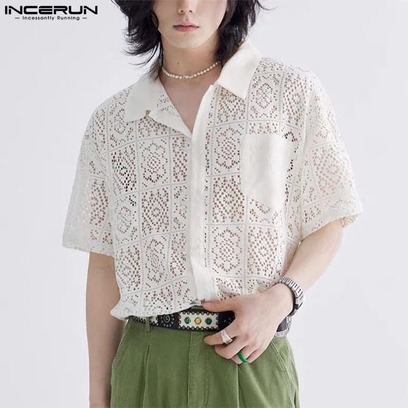INCERUN Men's Shirt Lace Transparent Lapel Short Sleeve Sexy Fashion Men Clothing Streetwear 2024 Korean Casual Shirts S-5XL 1
