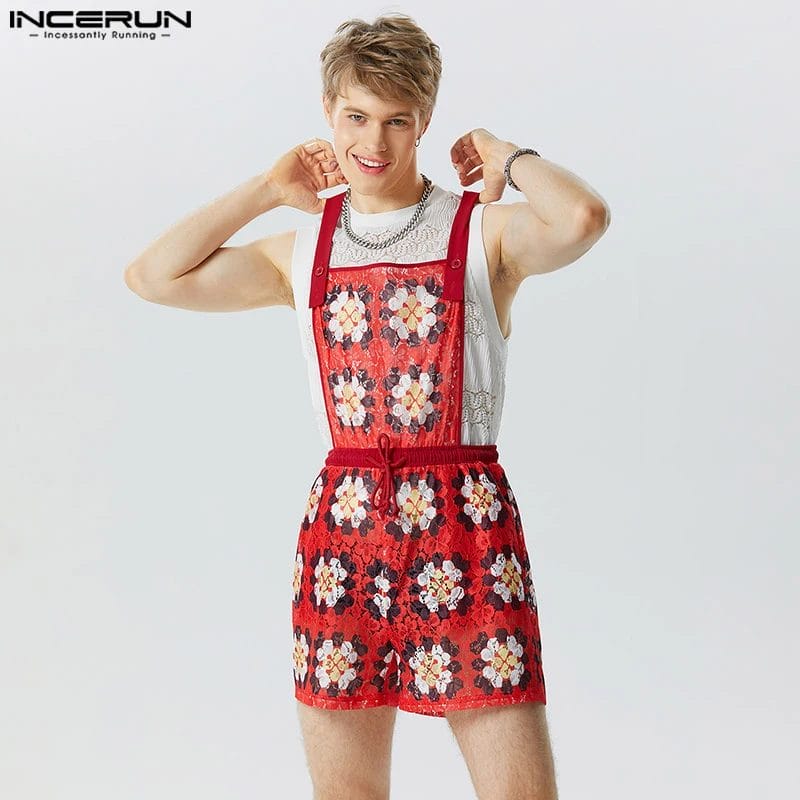2023 Men Jumpsuits Lace Transparent Printing Sexy Sleeveless Straps Rompers Streetwear Summer Drawstring Overalls S-5XL INCERUN 1