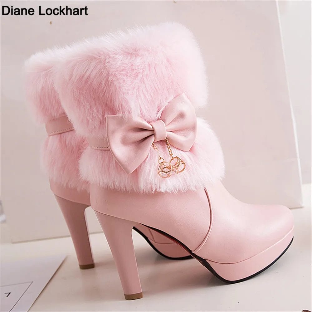 2024 Winter Womens Fashion High Heel Boots Pink White Black Fur Tassel Bowtie Lovely Lolita Ladies Party Wedding Shoes size32-43 1